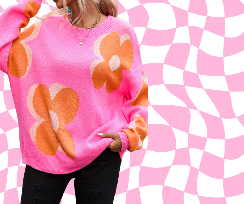 Retro Flower Pink & Orange Flower Power Slouchy Sweater