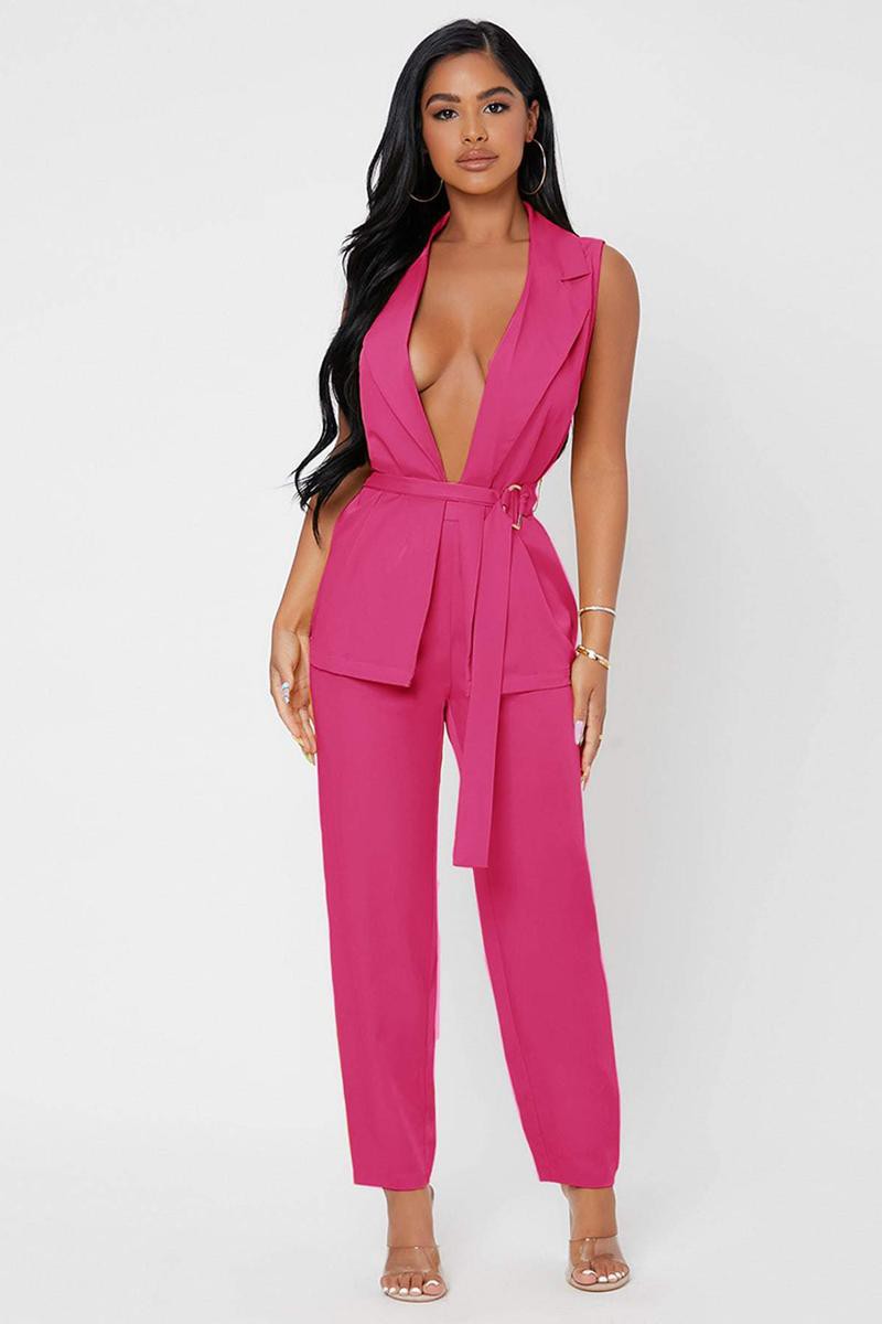 sleeveless belted blazer pants set