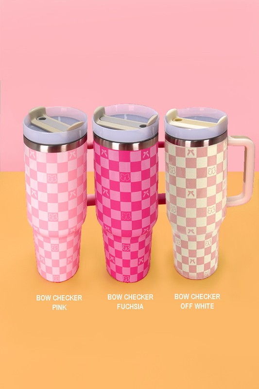 40z Stainless Steel Light Pink Checkered Bow Stanley Type  Cup