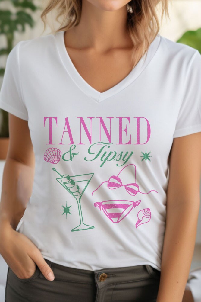 Tanned and Tipsy Beach Vibes Unisex V Neck TShirt