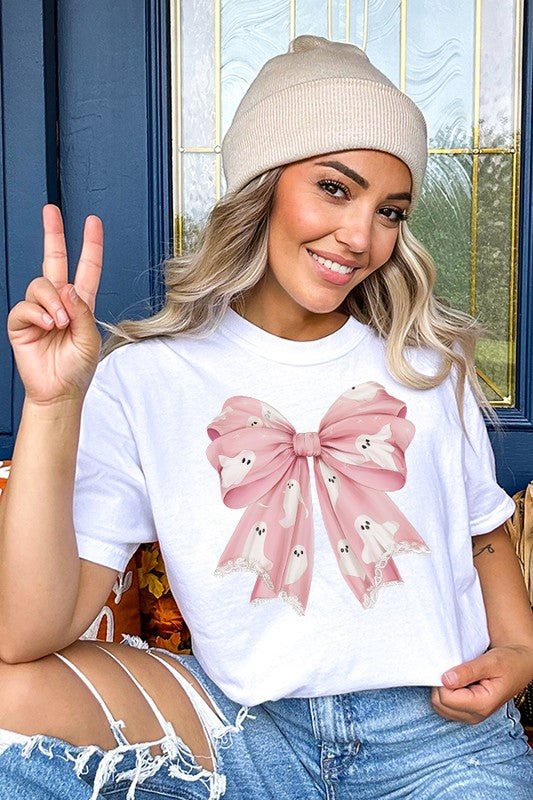 Halloween Pink Ghost Cute Bow Graphic Tee