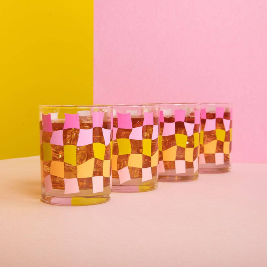 Pink Carnival Checkers Rocks Glass Set