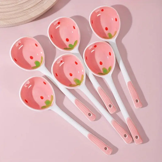 Pink Strawberry Soup Spoon, Ceramic Long Handle Spoon