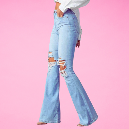 High rise distressed flair jeans