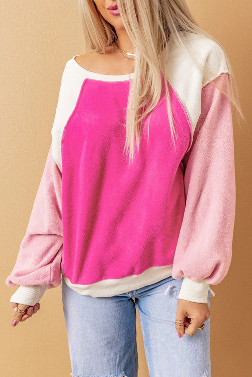 Rose Pink Color block Long Sleeve Pullover Fleece Sweatshirt