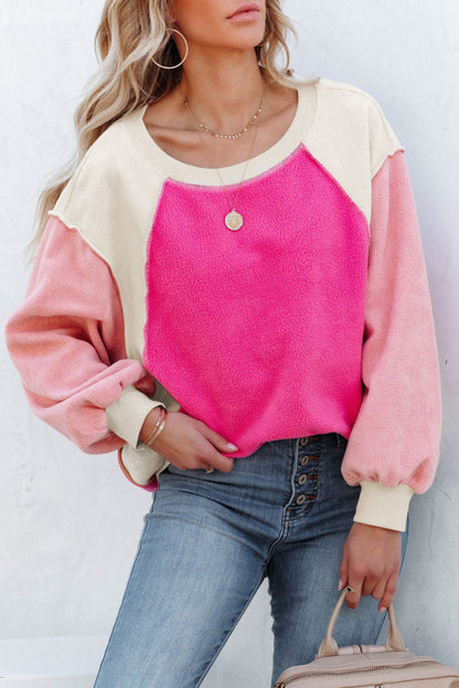 Rose Pink Color block Long Sleeve Pullover Fleece Sweatshirt