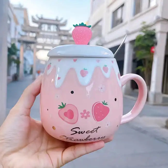 strawberry ceramic cup with lid and spoon