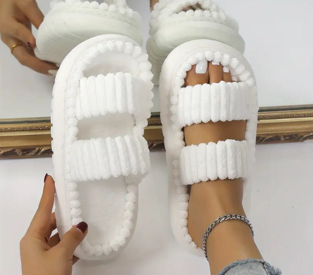 White double strap plush slippers